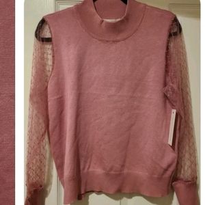 MADISON + HUDSON LACE SHEER SLEEVE RAYON MOCK NECK BLUSH RAYON TOP